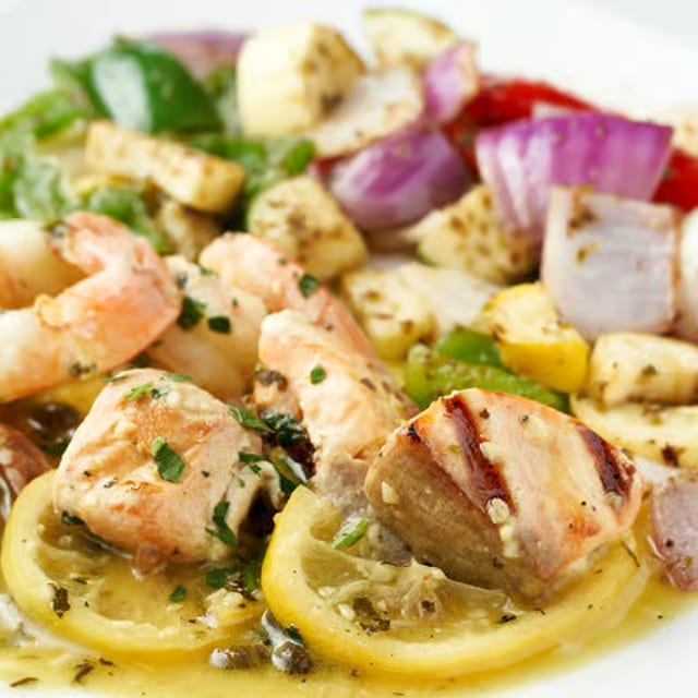 Salmon & Shrimp Kabob.